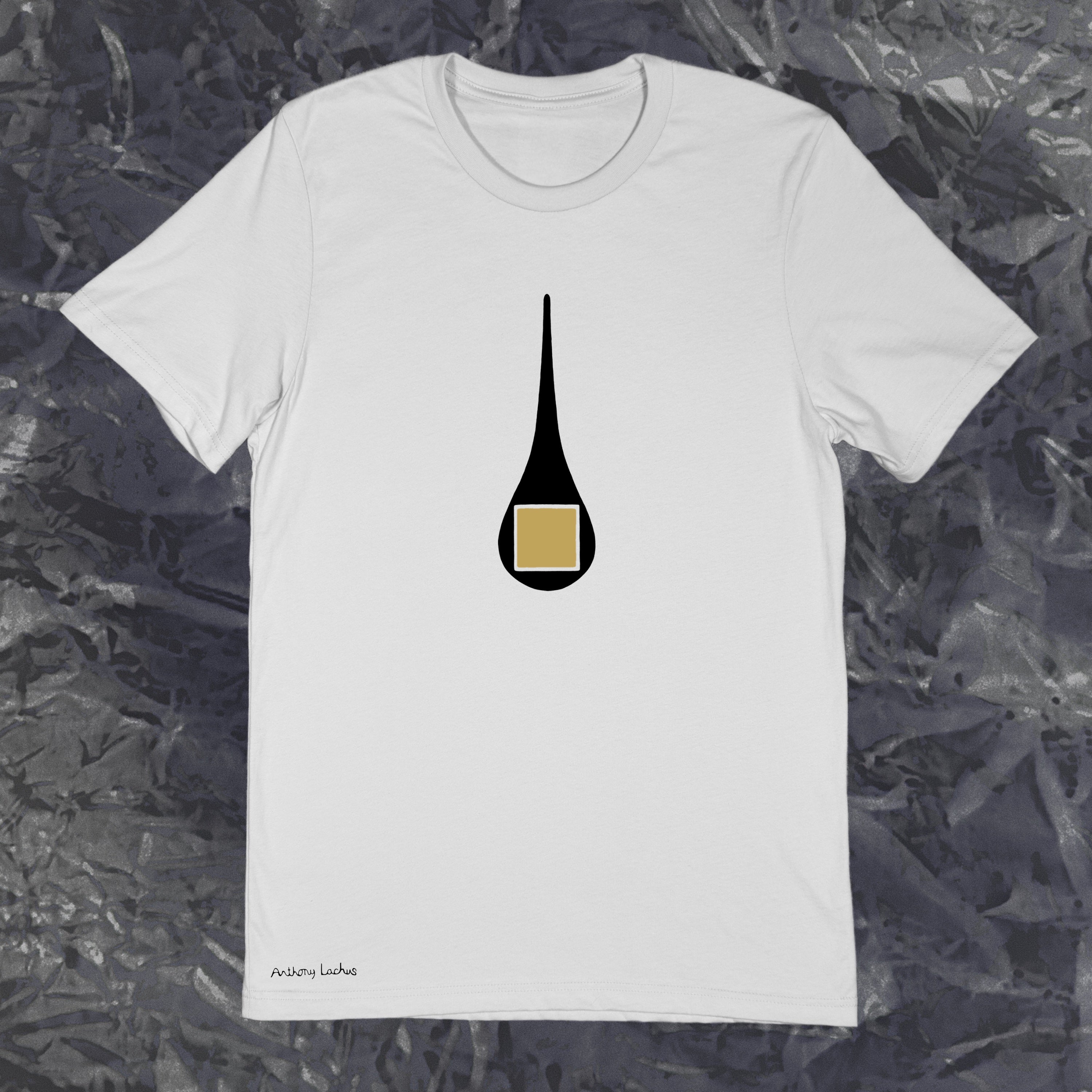 black drop with gold square on a premium cotton light-gray t-shirt original hand drawn graphic tee design by Anthony Lachus