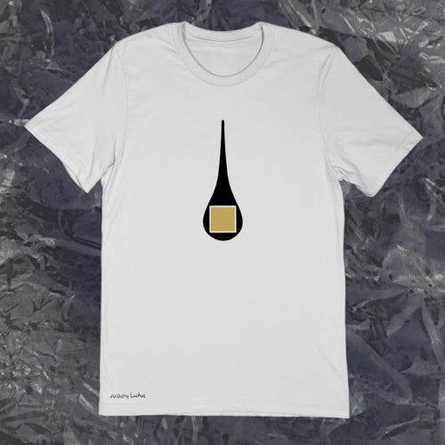 black drop with gold square on a premium cotton light-gray t-shirt original hand drawn graphic tee design by Anthony Lachus