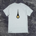 Gray t-shirt with a black and gold graphic on a textured dark background