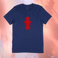 Red fire hydrant on a premium cotton navy blue t-shirt original hand drawn graphic tee design by Anthony Lachus