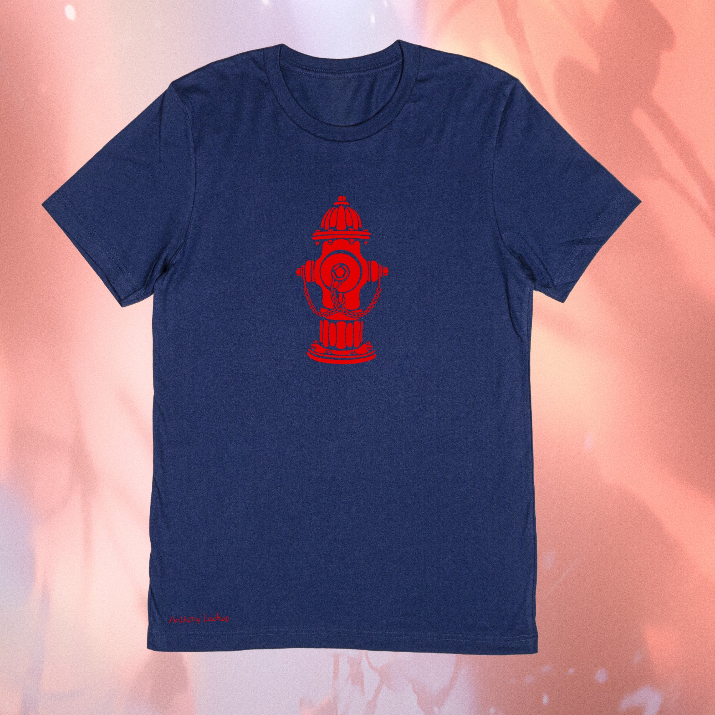 Red fire hydrant on a premium cotton navy blue t-shirt original hand drawn graphic tee design by Anthony Lachus