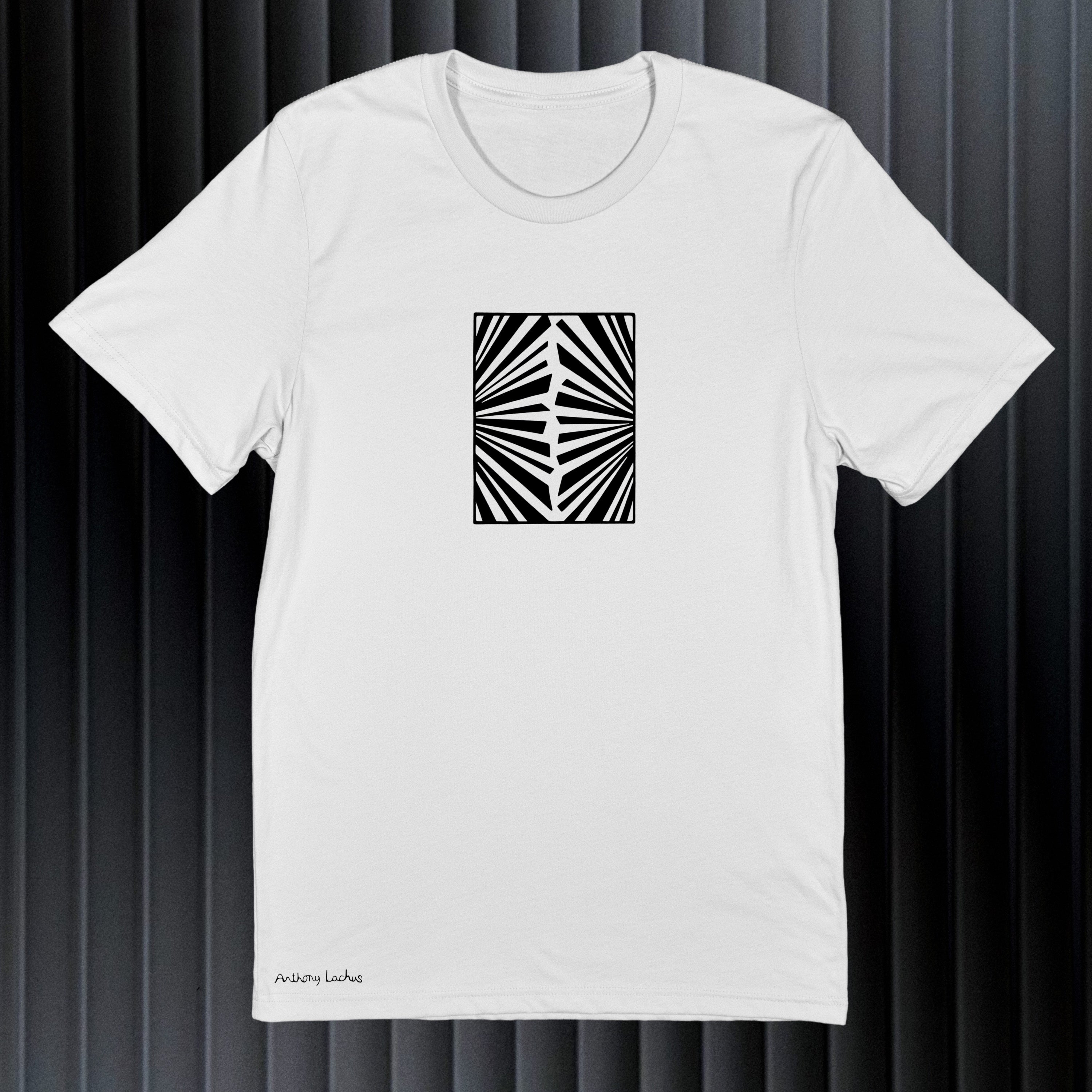 Abstract black image of fireworks on a light-gray t-shirt original hand drawn graphic tee design by Anthony Lachus