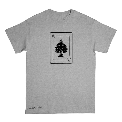 A gray short-sleeve crewneck t-shirt with a black ace of spades line art graphic of on the chest, and a black signature reading 'Anthony Lachus' near the bottom left hem, displayed against a light background. An original, hand drawn artwork by Anthony Lachus. Front view.