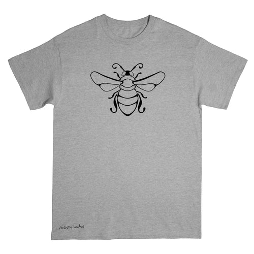 A gray short-sleeve crewneck t-shirt featuring a black line art graphic of a bee on the chest and the text 'Anthony Lachus' printed near the bottom left hem, shown against a plain white background. An original, hand drawn artwork by Anthony Lachus. Front view.