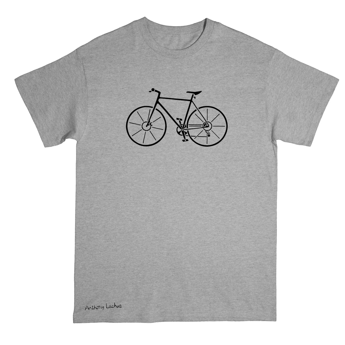 A gray short-sleeve crewneck t-shirt featuring a black line art graphic of a bicycle on the chest and the text 'Anthony Lachus' printed near the bottom left hem, shown against a plain white background. An original, hand drawn artwork by Anthony Lachus. Front view.