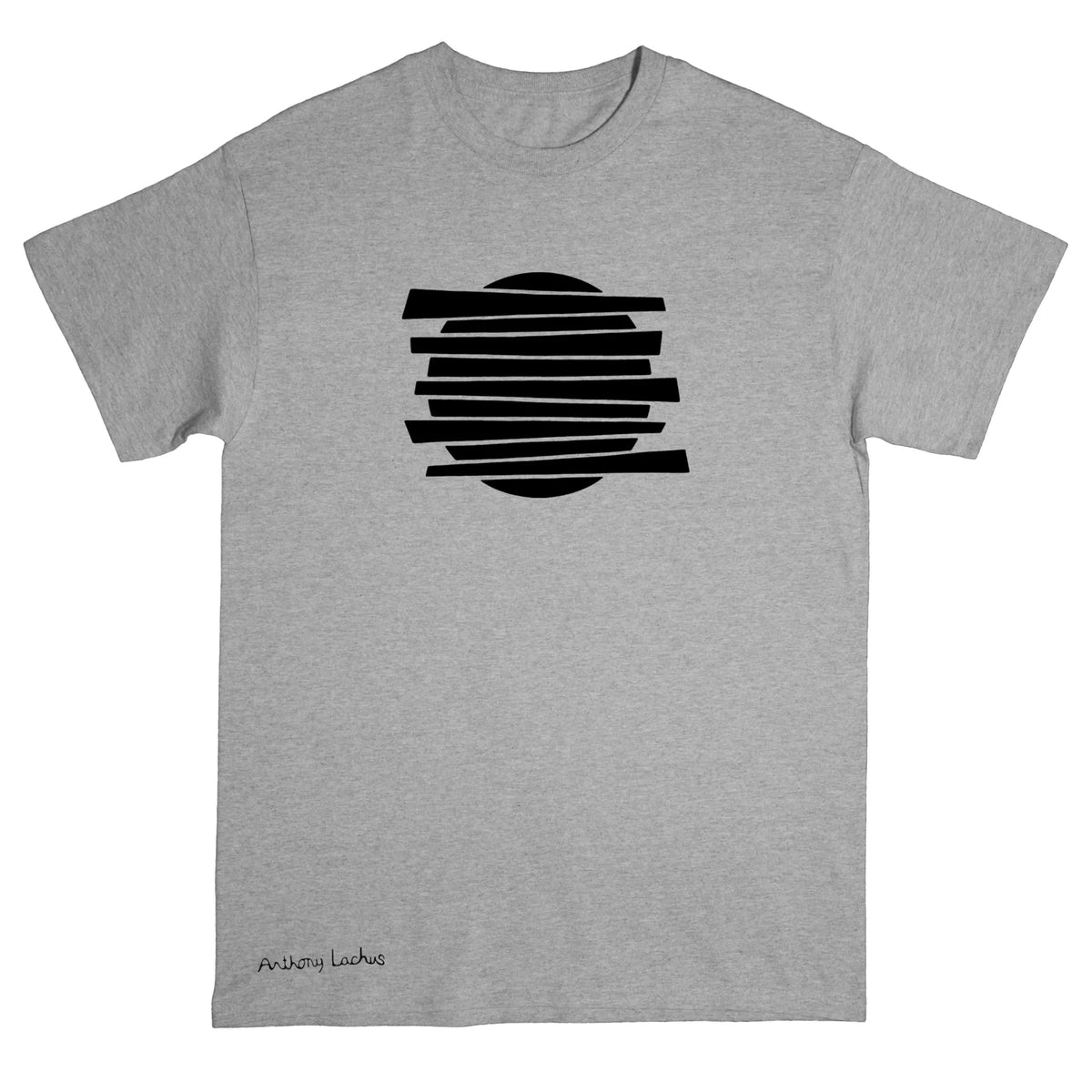 A heather gray short-sleeve crewneck t-shirt with a black graphic of horizontal bars inside a circle on the chest, and small black script near the bottom left hem that says ‘Anthony Lachus’. An original, hand drawn artwork by Anthony Lachus.