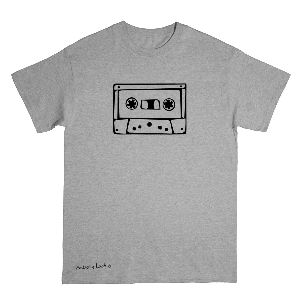 A heather gray short-sleeve crewneck t-shirt featuring a black line art graphic of a cassette tape on the chest, with 'Anthony Lachus' printed in black near the bottom left.