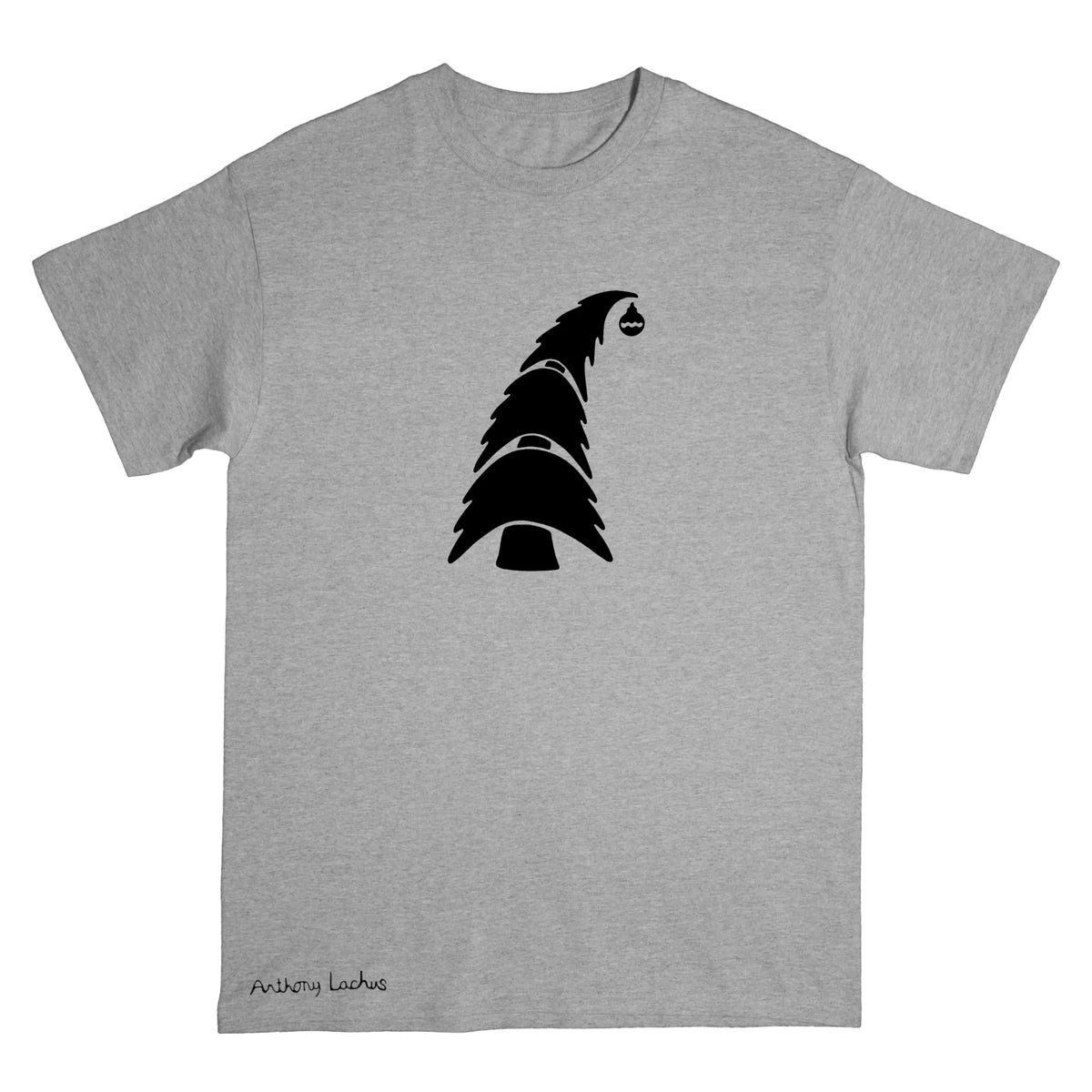 A heather gray short-sleeve crewneck t-shirt featuring a black graphic of a stylized, tiered mountain or tree-like silhouette on the chest, with small black signature near the bottom left hem, displayed on a solid white background. An original, hand drawn artwork by Anthony Lachus.