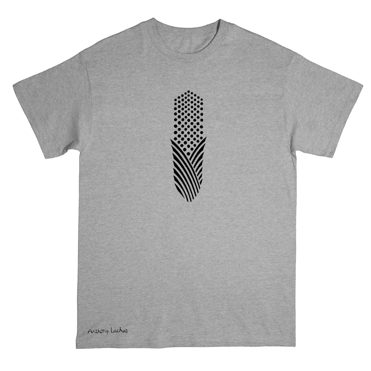 A heather gray short-sleeve crewneck t-shirt featuring a black geometric corn graphic on the chest and the brand name 'Anthony Lachus' printed near the bottom left hem.