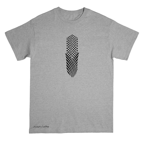 A heather gray short-sleeve crewneck t-shirt featuring a black geometric corn graphic on the chest and the brand name 'Anthony Lachus' printed near the bottom left hem.