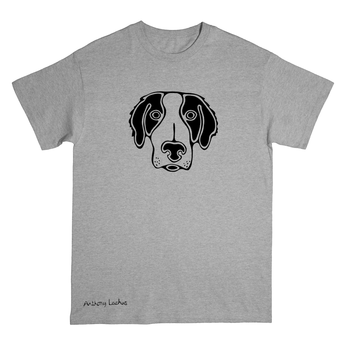 A heather gray short-sleeve crewneck t-shirt featuring a black line art graphic of a dog's face on the chest, with 'Anthony Lachus' printed in black near the bottom left hem, shown against a plain white background.