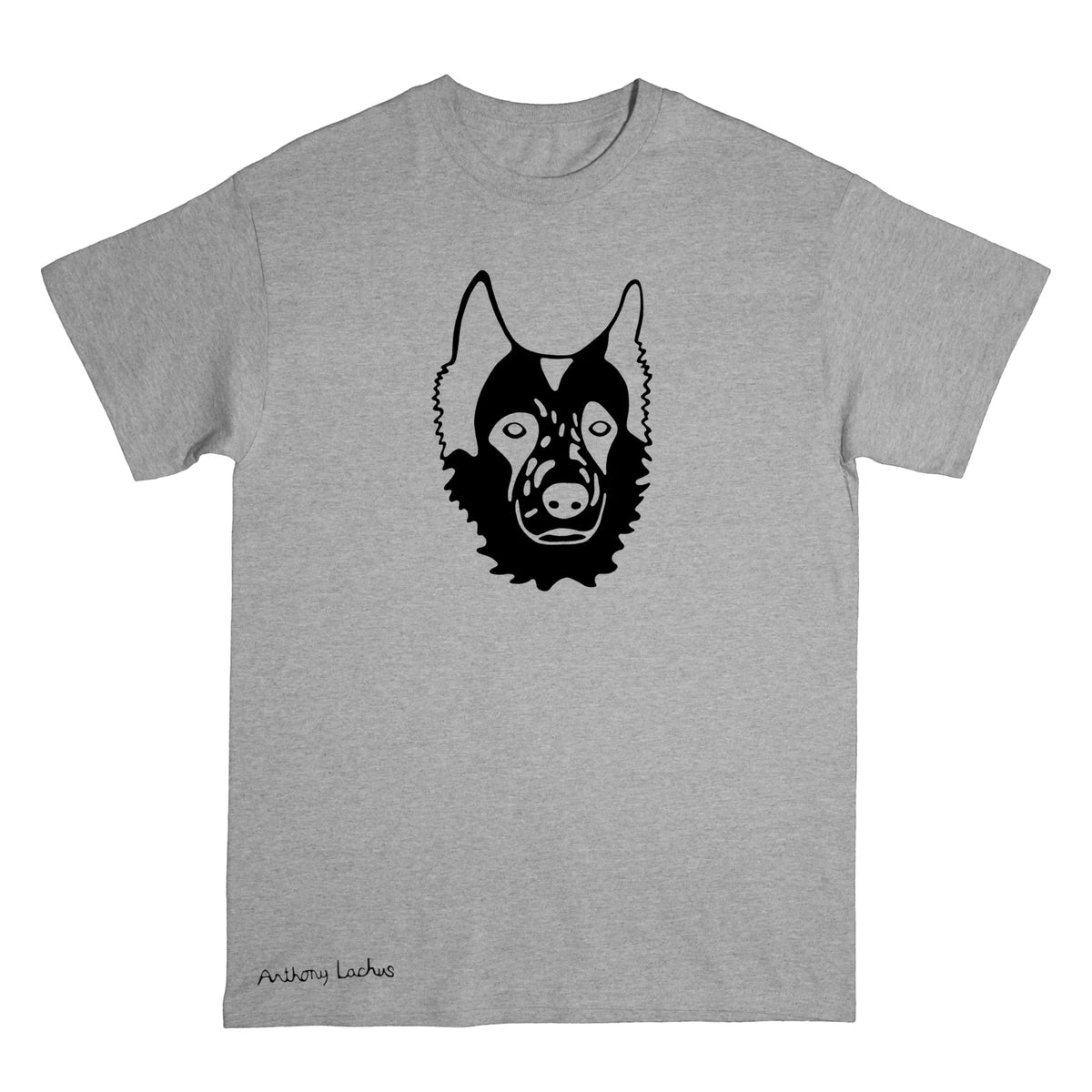 A heather gray short-sleeve t-shirt with a black graphic of a dog's head on the chest and a small 'Anthony Lachus' signature on the bottom left hem, shown against a plain white background.