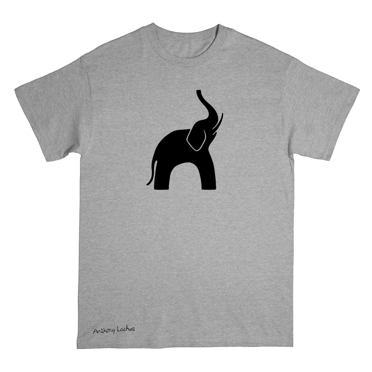 A heather gray short-sleeve crewneck t-shirt featuring a black silhouette graphic of an elephant with its trunk raised on the chest, and a small 'Anthony Lachus' signature printed near the bottom left hem.