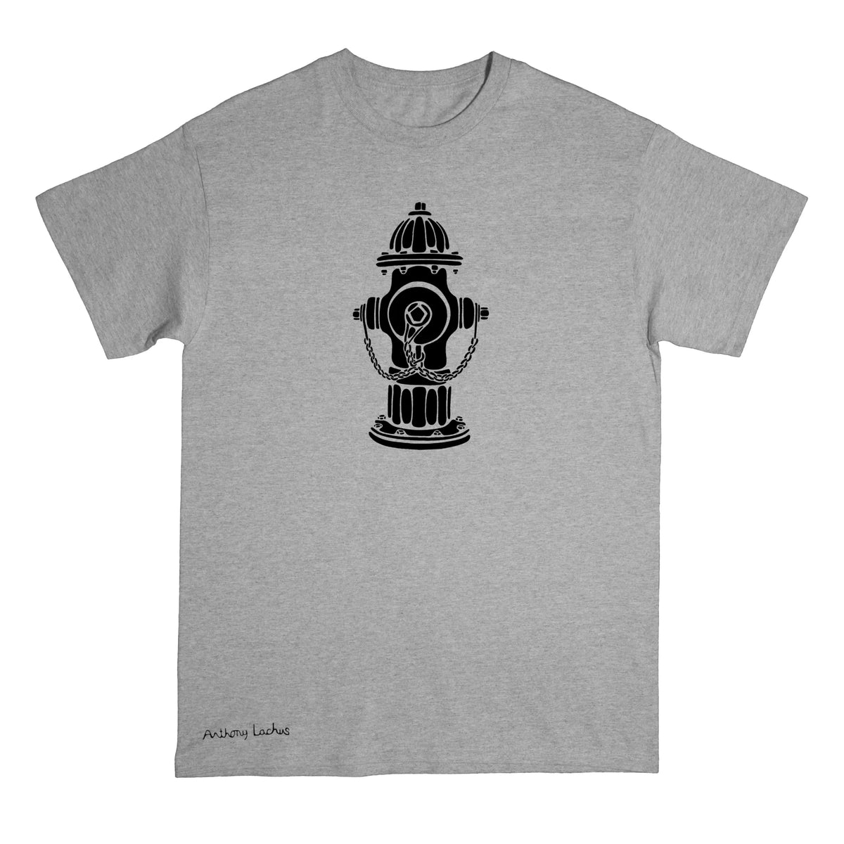 A heather gray short-sleeve crewneck t-shirt featuring a black graphic of a fire hydrant with a keyhole in the center. The artist name 'Anthony Lachus' is printed in a small script near the bottom left hem.