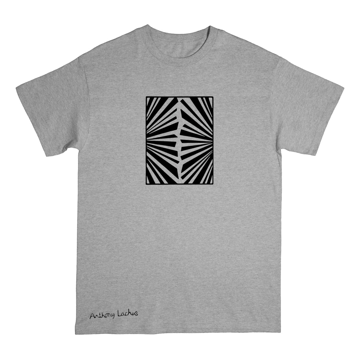 A heather gray short-sleeve crewneck t-shirt featuring a black geometric fan pattern graphic on the chest and a small 'Anthony Lachus' signature on the bottom left.