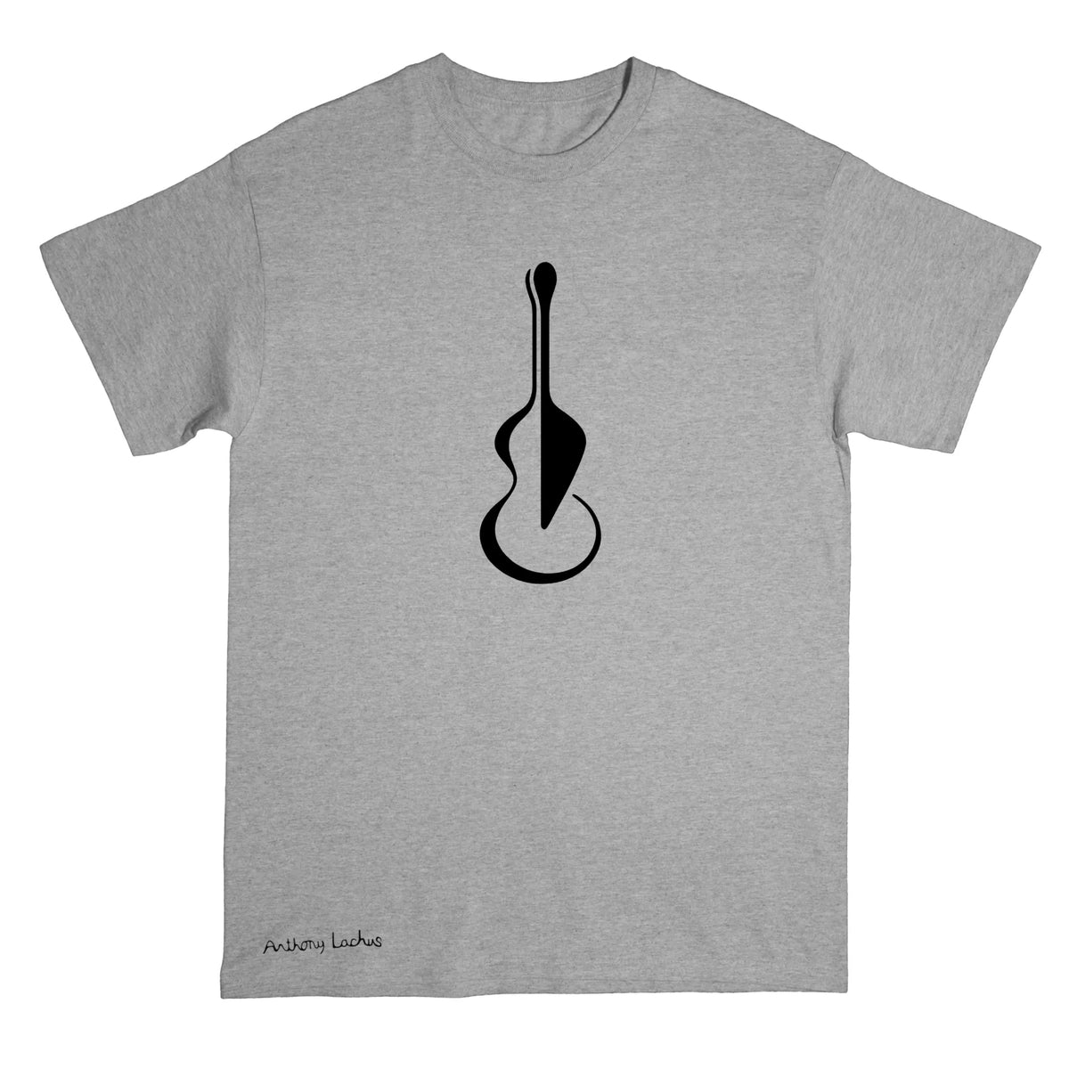 A heather gray short-sleeve crewneck t-shirt featuring a black silhouette graphic of a guitar on the chest and the brand name 'Anthony Lachus' printed near the bottom left hem.