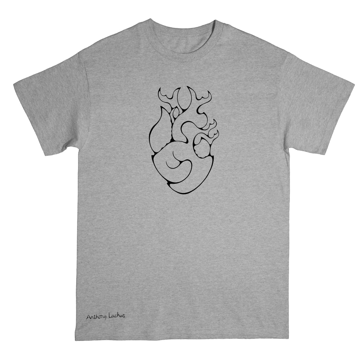A heather gray short-sleeve crewneck t-shirt featuring a black silhouette graphic of a heart on fire on the chest and the brand name 'Anthony Lachus' printed near the bottom left hem, displayed flat against a light background.