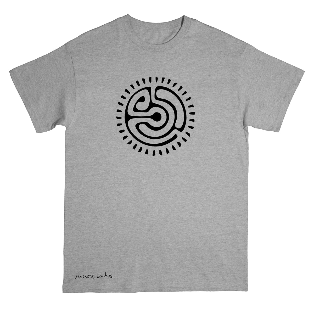 A heather gray short-sleeve t-shirt with a black circular abstract symbol printed on the chest and 'Anthony Lachus' text near the bottom left hem, shown on a plain white background.