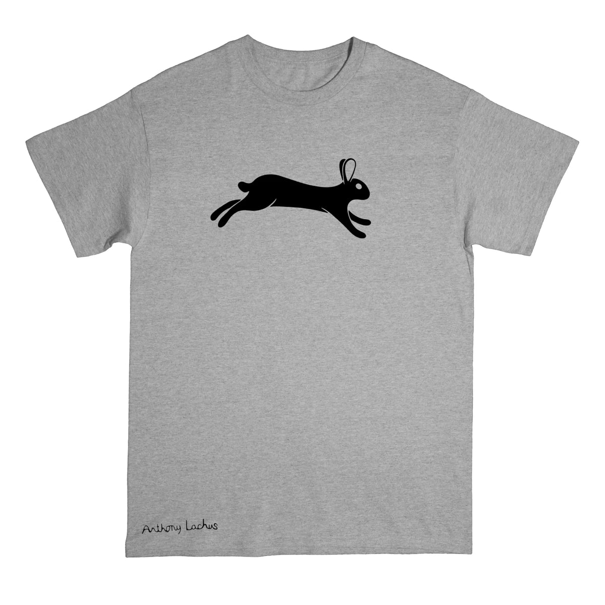 A heather gray short-sleeve crewneck t-shirt featuring a black silhouette of a leaping rabbit on the chest and the text 'Anthony Lachus' printed near the bottom left hem, shown against a plain white background.