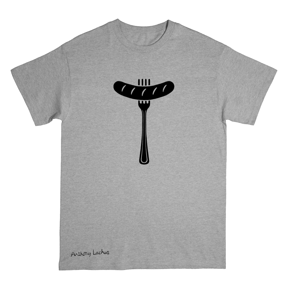 A heather gray short-sleeve t-shirt with a black graphic of a sausage on a fork printed on the chest, and the text 'Anthony Lachus' printed near the bottom left.