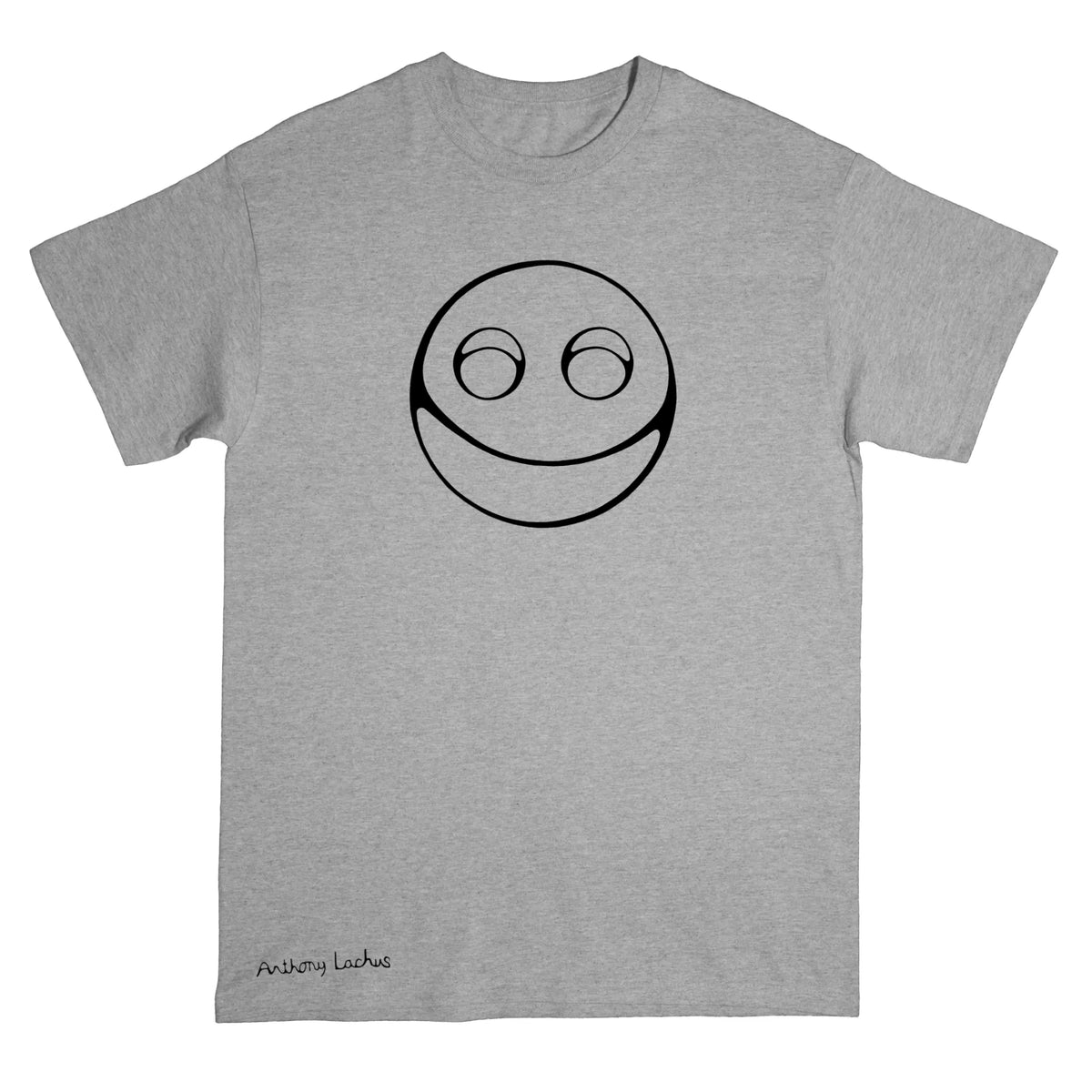 A heather gray short-sleeve t-shirt with a black line art graphic of a smiley face on the chest, and the text 'Anthony Lachus' printed near the bottom left hem.