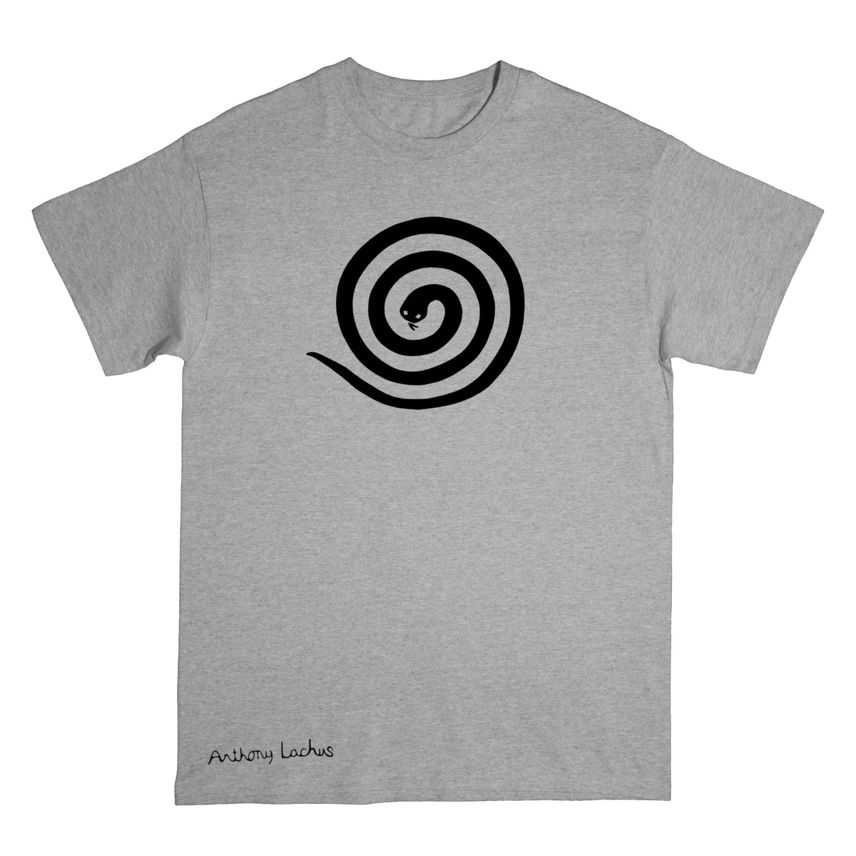 A heather gray short-sleeve crewneck t-shirt featuring a black spiral graphic of a snake on the chest, and the text 'Anthony Lachus' printed in black near the bottom left hem.