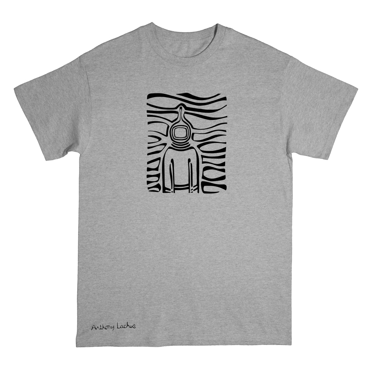 A heather gray short-sleeve t-shirt with a black graphic print of a figure with a helmet against wavy lines, and the text 'Anthony Lachus' printed near the bottom left.