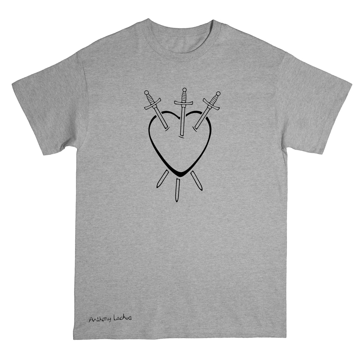 A heather gray short-sleeve t-shirt with a black graphic of a heart pierced by three swords, displayed flat against a white background. Artists signature on lower left near hem ‘Anthony Lachus’. Three of Swords Tarot.