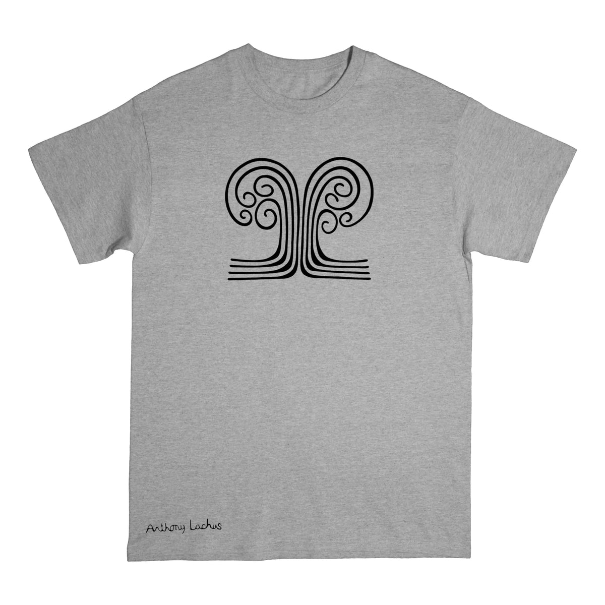 A gray short-sleeve crewneck t-shirt with a black line art graphic of a tree with roots on the chest, and a small black signature reading 'Anthony Lachus' near the bottom left hem, displayed against a light background. An original, hand drawn artwork by Anthony Lachus. Front view.