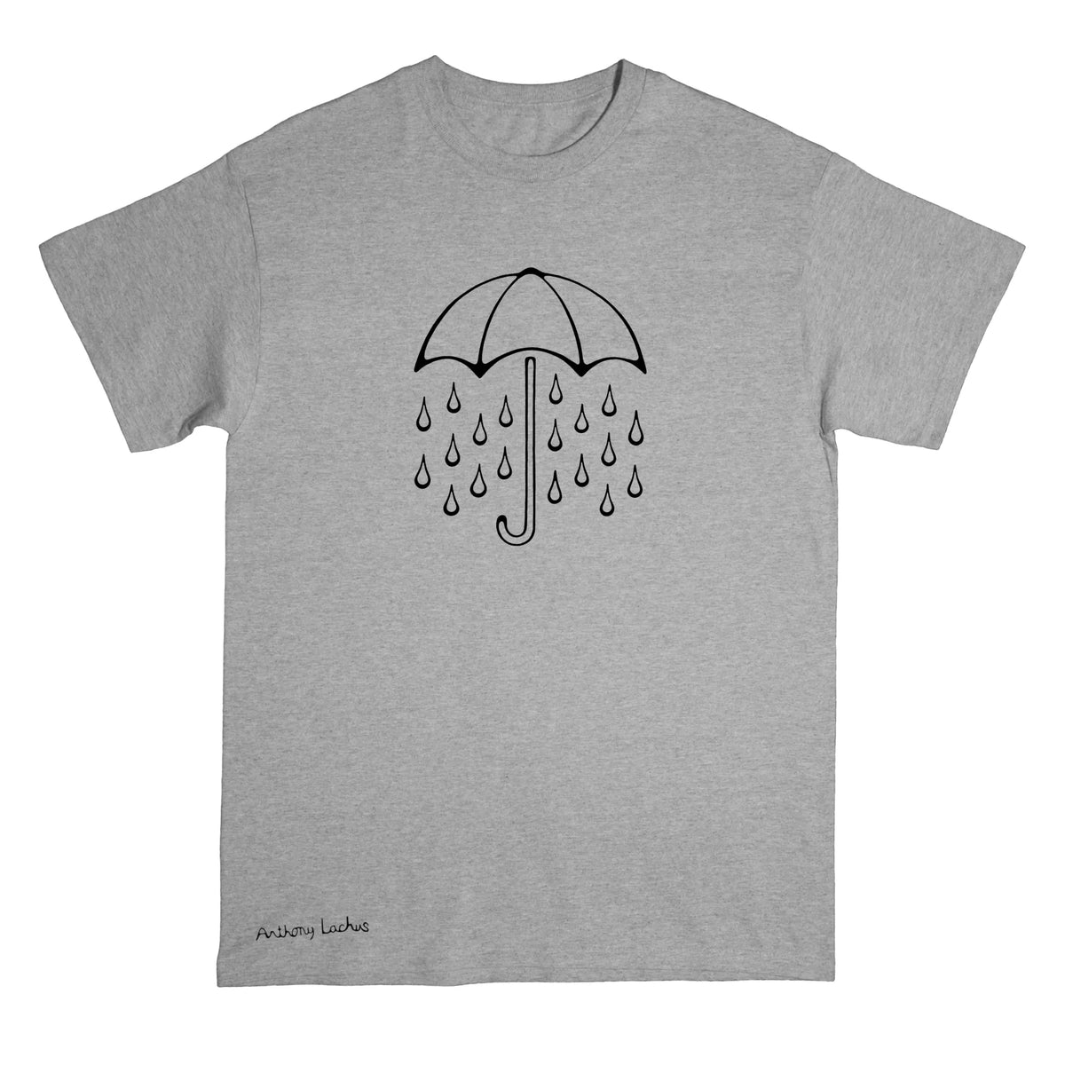 A gray short-sleeve crewneck t-shirt with a black umbrella with rain drops line art graphic of on the chest, and a black signature reading 'Anthony Lachus' near the bottom left hem, displayed against a light background. An original, hand drawn artwork by Anthony Lachus. Front view.