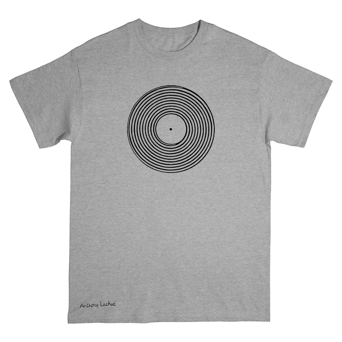 A gray short-sleeve crewneck t-shirt with a black vinyl record line art graphic of on the chest, and a black signature reading 'Anthony Lachus' near the bottom left hem, displayed against a light background. An original, hand drawn artwork by Anthony Lachus. Front view.