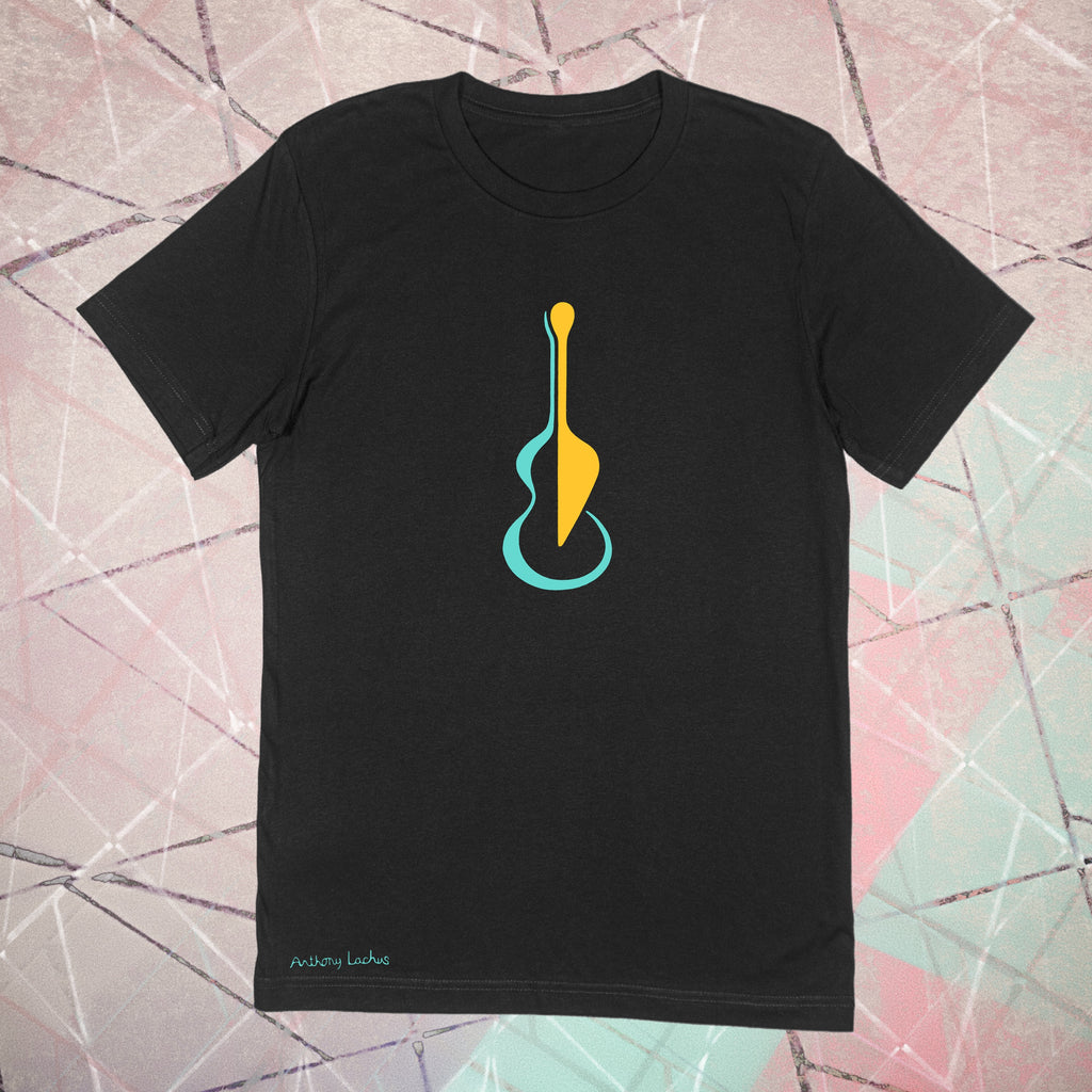 Blue and yellow abstract guitar image on a premium cotton black t-shirt original hand drawn graphic tee design by Anthony Lachus