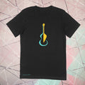 Blue and yellow abstract guitar image on a premium cotton black t-shirt original hand drawn graphic tee design by Anthony Lachus