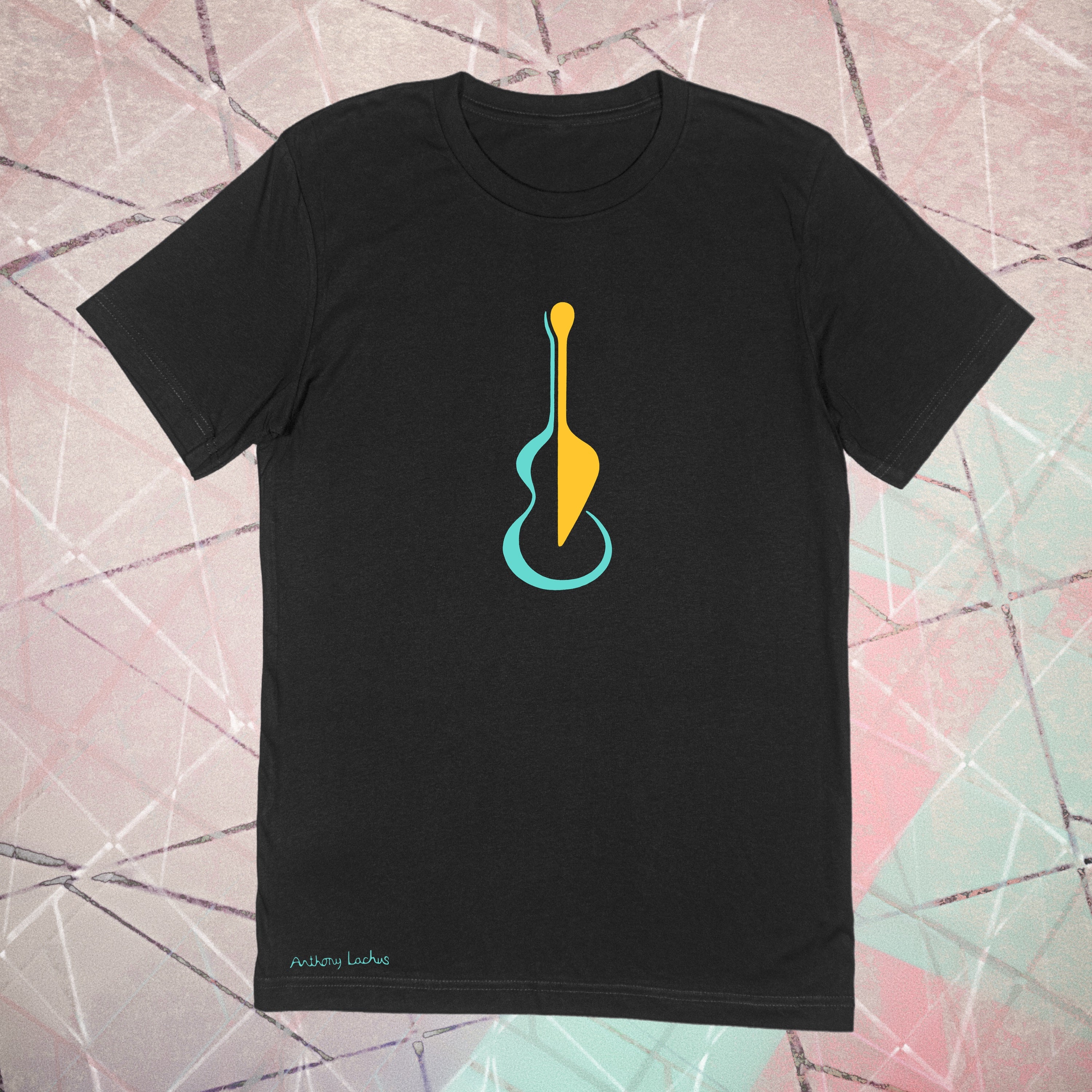 Blue and yellow abstract guitar image on a premium cotton black t-shirt original hand drawn graphic tee design by Anthony Lachus