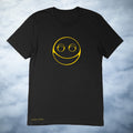 Yellow smiley face image on a premium cotton navy color t-shirt original hand drawn graphic tee design by Anthony Lachus