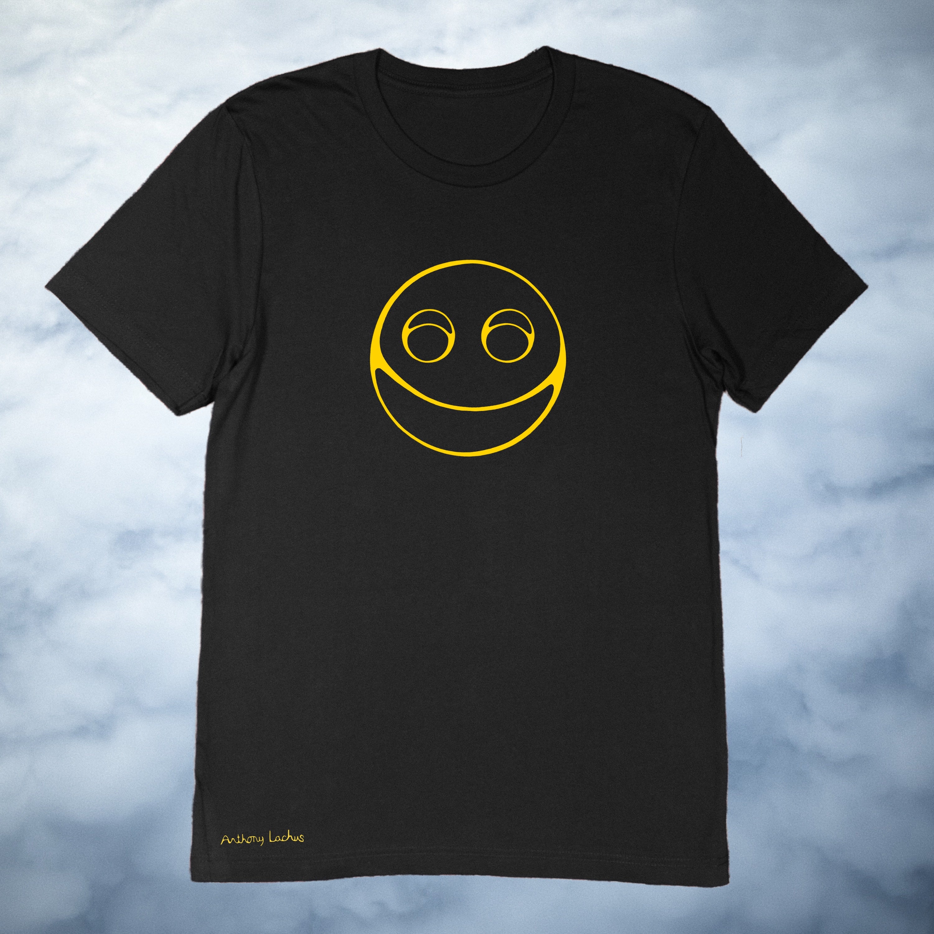 Yellow smiley face image on a premium cotton navy color t-shirt original hand drawn graphic tee design by Anthony Lachus