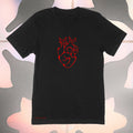 Abstract red heart made of fire on a premium cotton black t-shirt original hand drawn graphic tee design by Anthony Lachus