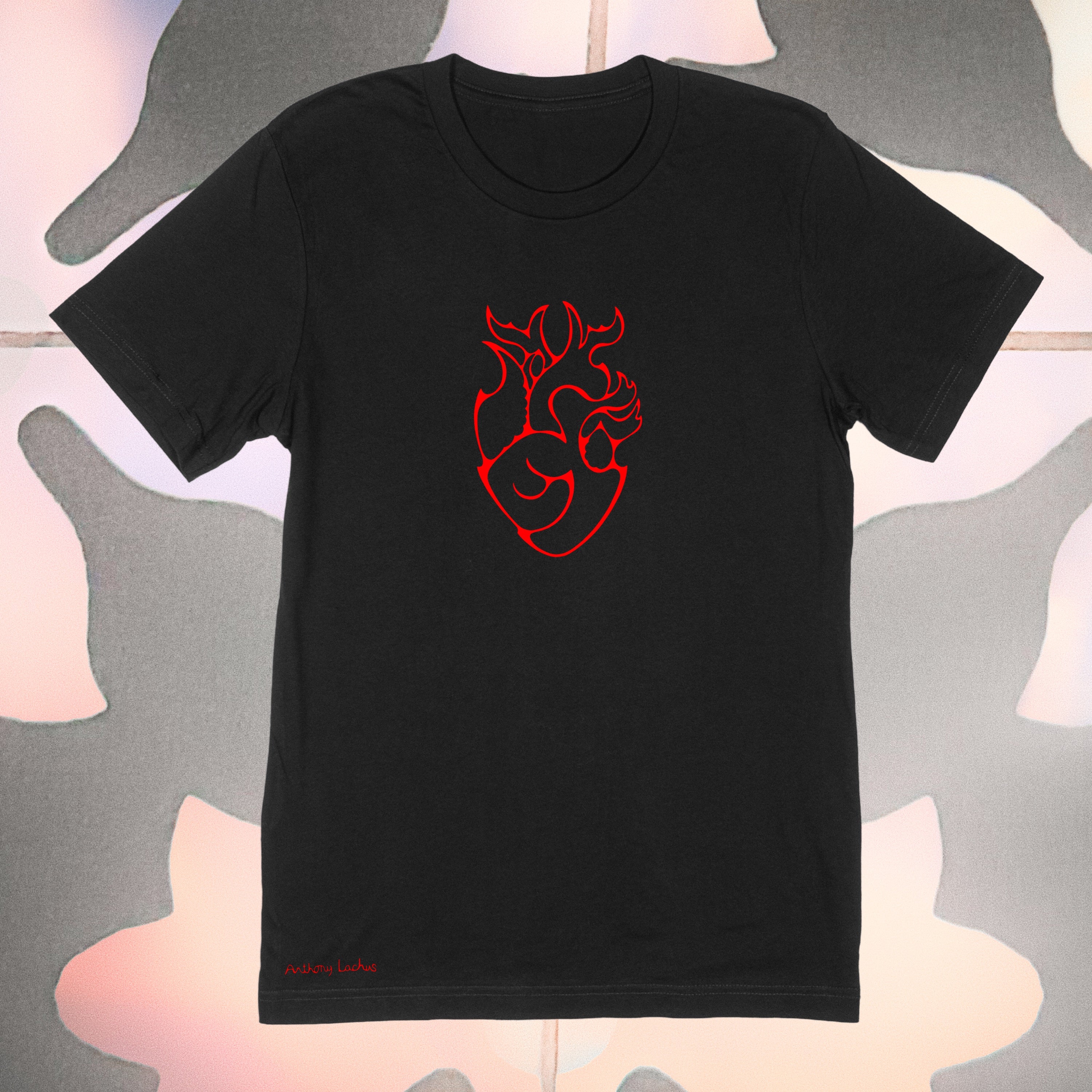 Abstract red heart made of fire on a premium cotton black t-shirt original hand drawn graphic tee design by Anthony Lachus