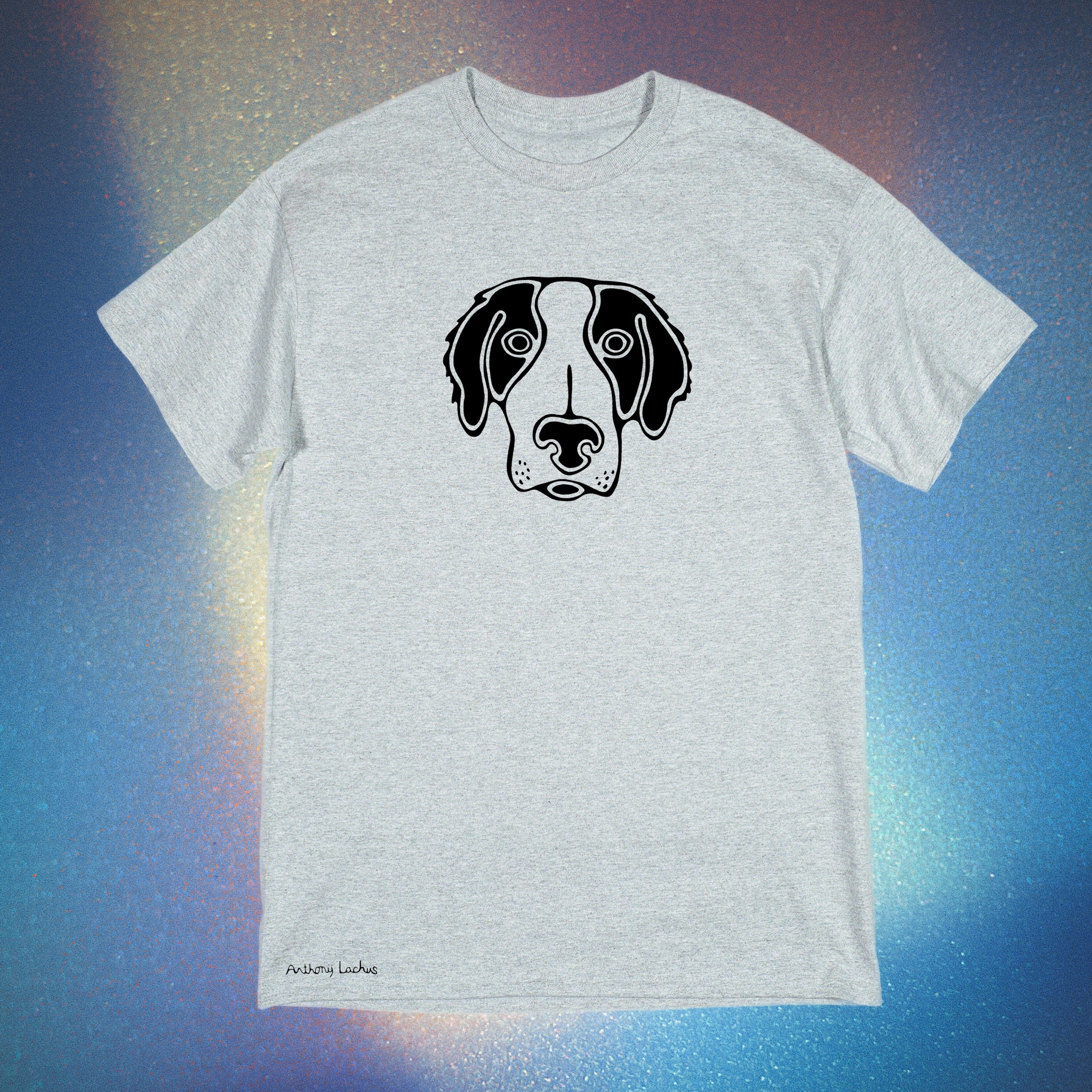 Brittany spaniel black dog image on a premium
cotton light-gray color t-shirt an original hand drawn graphic tee design by Anthony Lachus