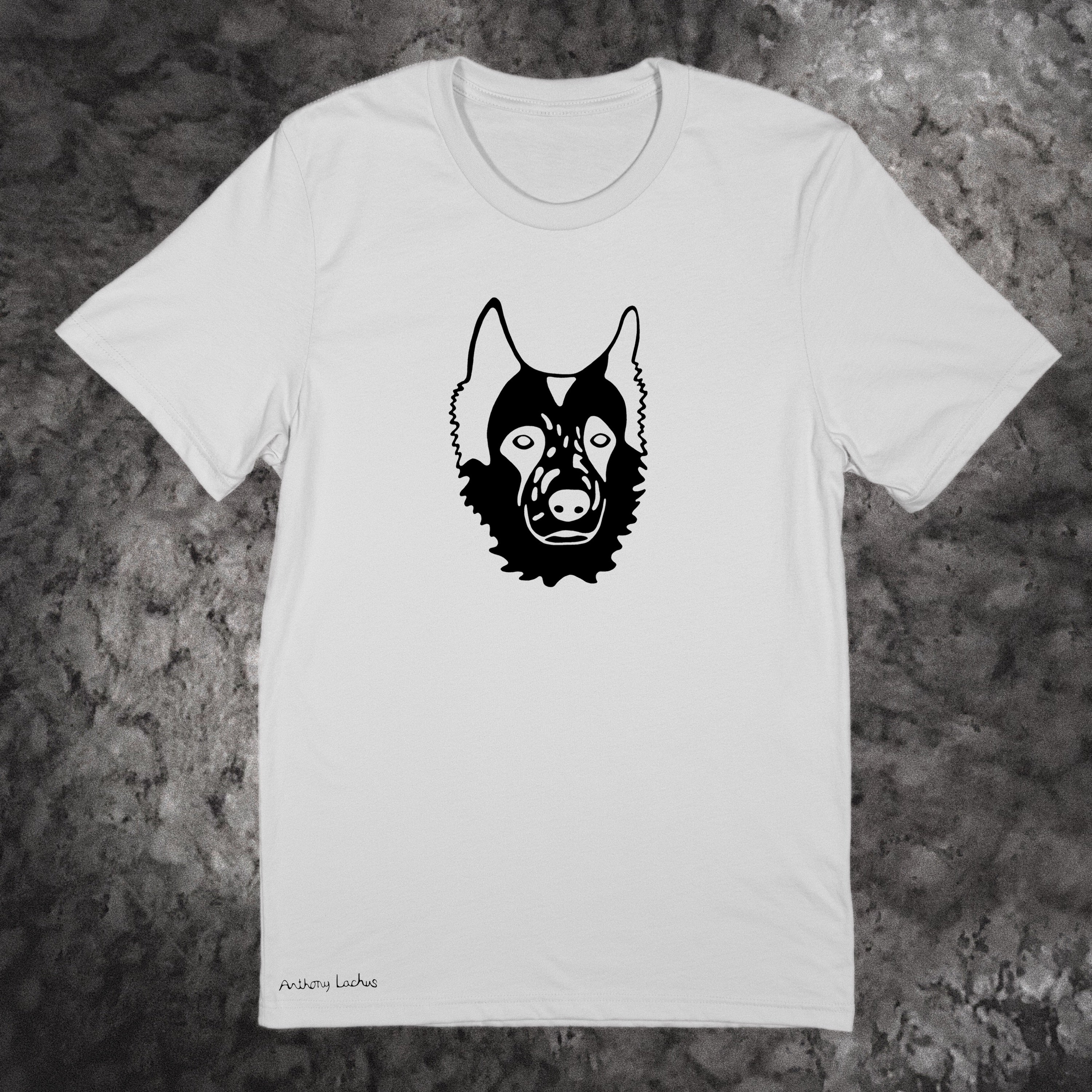 Black image of a dog on a premium light-gray cotton t-shirt original hand drawn graphic tee design by Anthony Lachus