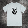 Black image of a dog on a premium light-gray cotton t-shirt original hand drawn graphic tee design by Anthony Lachus