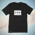White music cassette image on a premium cotton black t-shirt original hand drawn graphic tee design by Anthony Lachus
