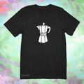 White moka pot coffee maker image on a premium cotton black t-shirt original hand drawn graphic tee design by Anthony Lachus