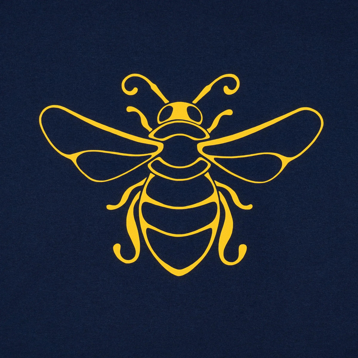 A yellow line art graphic of a bee on a Gildan g500 navy blue crewneck t-shirt. An original, hand drawn artwork by Anthony Lachus. Close up view.