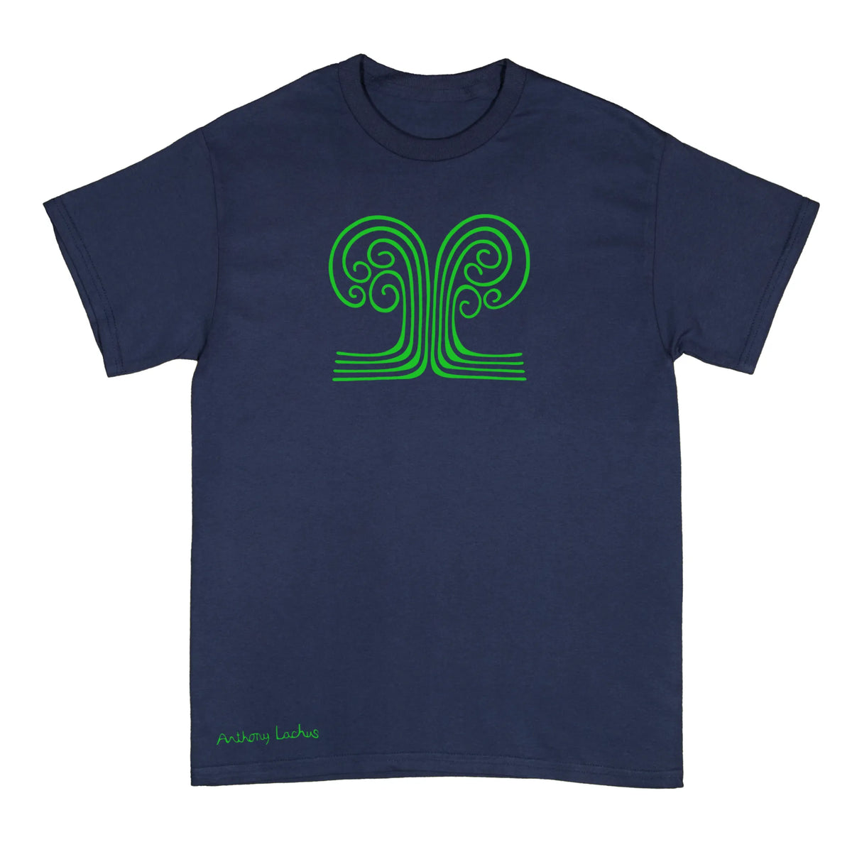 A navy blue short-sleeve crewneck t-shirt with a green line art graphic of a tree with roots on the chest, and a small green signature reading 'Anthony Lachus' near the bottom left hem, displayed against a light background. An original, hand drawn artwork by Anthony Lachus. Front view.