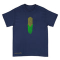 A navy blue short-sleeve t-shirt with a stylized green and yellow corn graphic on the chest and 'Anthony Lachus' printed in yellow near the bottom left hem, shown against a plain white background.