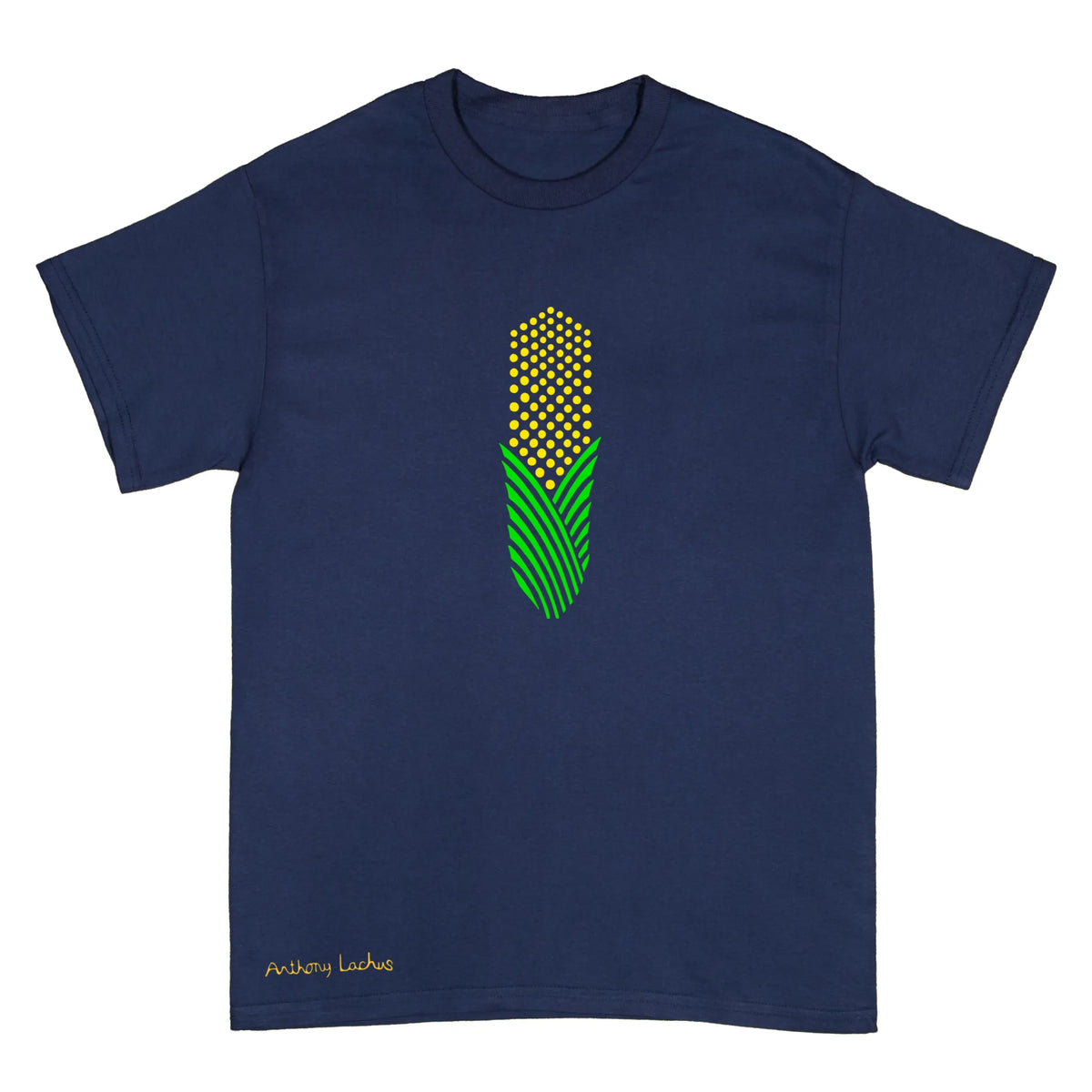 A navy blue short-sleeve t-shirt with a stylized green and yellow corn graphic on the chest and 'Anthony Lachus' printed in yellow near the bottom left hem, shown against a plain white background.