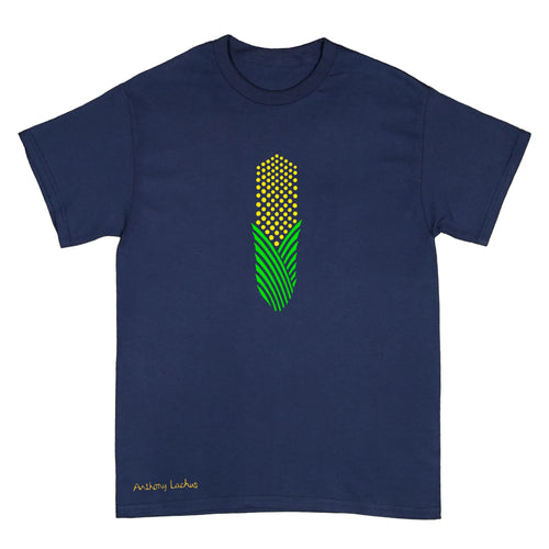 A navy blue short-sleeve t-shirt with a stylized green and yellow corn graphic on the chest and 'Anthony Lachus' printed in yellow near the bottom left hem, shown against a plain white background.