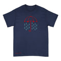 A navy blue short-sleeve crewneck t-shirt with a red umbrella with blue rain drops line art graphic of on the chest, and a red signature reading 'Anthony Lachus' near the bottom left hem, displayed against a light background. An original, hand drawn artwork by Anthony Lachus. Front view.