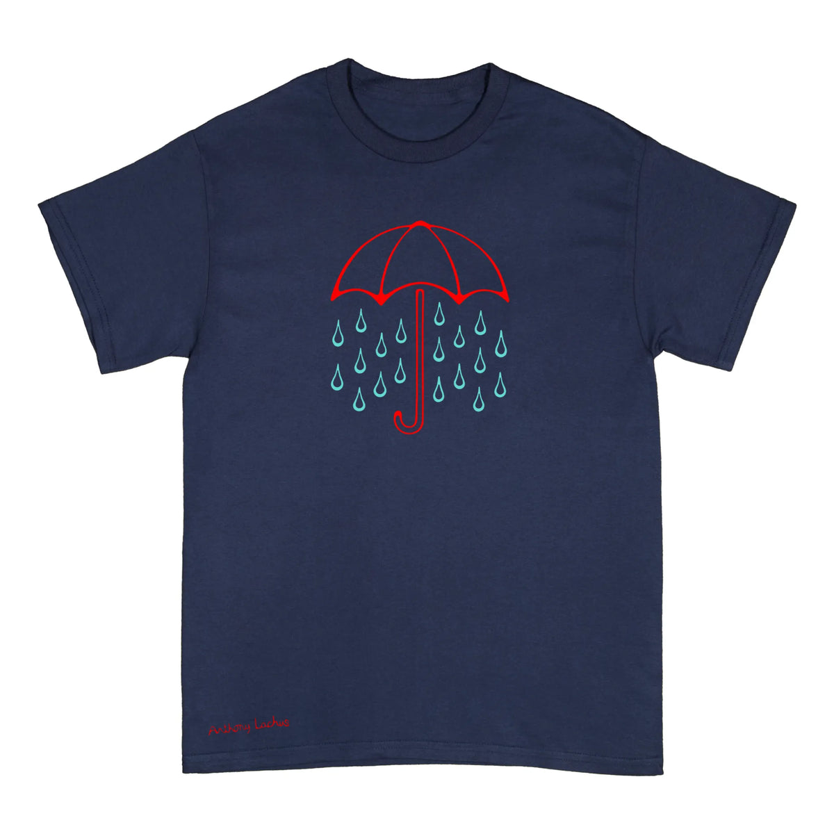 A navy blue short-sleeve crewneck t-shirt with a red umbrella with blue rain drops line art graphic of on the chest, and a red signature reading 'Anthony Lachus' near the bottom left hem, displayed against a light background. An original, hand drawn artwork by Anthony Lachus. Front view.